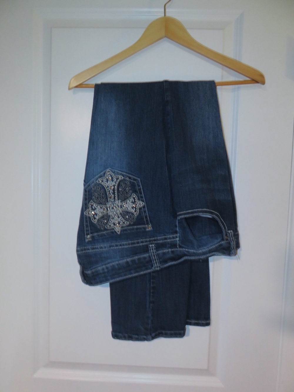 Love Indigo Dark Blue Bootcut Jeans with Embroidered Rhinestone Pocket